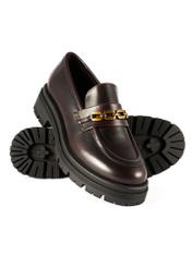 Women's burgundy leather moccasins BUTYD-1190-49(Z25), product view from the top and bottom on a white background.