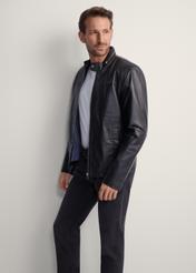 Men's leather jacket with stand-up collar KURMS-0261-5491(KS), front view of the product on the model. Half of the silhouette visible.