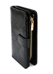 Black women's wallet with monogram POREC-0420-98(Z25) - side view of the product on a white background.
