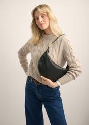 Black leather semi-circular women's handbag TORES-1336-9I(Z26), front view of the product on a model. Half of the silhouette visible.