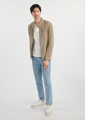 Beige men's jacket made of genuine leather KURMS-0369-2845(W25) - front view on a model on a white background. Full silhouette visible.