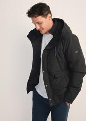 Black men's winter jacket KURMT-0273-99(Z25) - side view of the product on the model, on a white background.