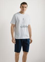 Men's white T-shirt with print TSHMT-0145-0A(W26), front view of the product on the model. Half of the silhouette visible.