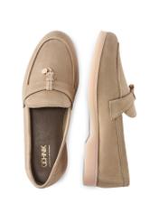 Beige leather women's moccasins BUTYD-1256-1B(W26) - product view from above, on a white background.