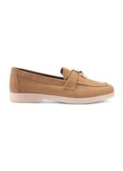 Beige leather women's moccasins BUTYD-1256-1B(W26), side product view on white background.