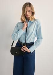 Small black women's croco messenger bag TOREC-1185-9G(W26), product view on model's shoulder. Half silhouette visible.