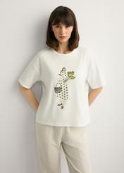 Cream women's T-shirt with print TSHDT-0161-0B(W26), front view of the product on the model. Half of the silhouette visible.