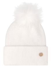 Women's ecru hat with fur pompom CZADT-0221-0B(Z26), front product view on a white background.