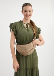 Beige semicircular shoulder bag TOREN-0315-81(W25), front view of the product on the model. Half of the silhouette visible.