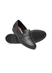 Women's leather black moccasins BUTYD-1074A-99(W26), diagonal product view on a white background.