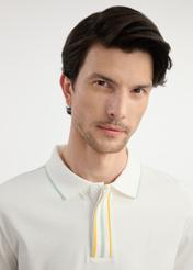 Cream men's polo shirt POLMT-0073-12(W25) - close-up of detail on model on white background.