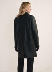 Women's leather jacket in the form of a coat KURDS-0443-1313(Z25), view of the product from the back on the model, half of the silhouette visible.