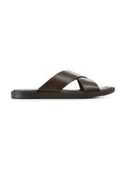 Men's dark brown leather slides BUTYM-0536-1I(W26), side view of the product on a white background.