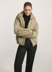 Women's olive green fur jacket KURDT-0611-57(Z25) - front product view on white background. Knee-length silhouette visible.