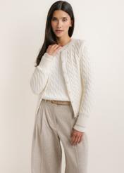 Cream cotton women's cardigan KARDT-0067-0B(Z26), front view on a model. Half-body shot.