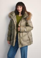 Women's olive green jacket with natural insulation KURDT-0619-57(Z25) - front product view on white background. Half silhouette visible.