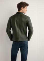 Men's khaki leather jacket KURMS-0399-8D(W26) - back view of the product, on a model, against a light background. Half of the silhouette visible.