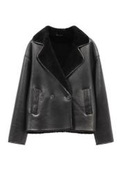 Women's black leather shearling coat KOZDS-0105-99(Z26), front view on a white background.