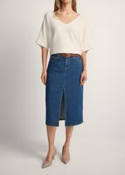 SPCDT-0119-7H(W26) denim midi skirt, front view of the product on the model. Half of the silhouette visible.