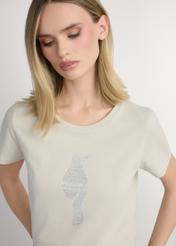 Light beige women's T-shirt with logo TSHDT-0157-1A(W26), close-up of product detail on model. Half of silhouette visible.