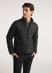 Black men's transitional jacket KURMT-0382-99(Z25), product visible from the front on the model, half of the silhouette visible.-02