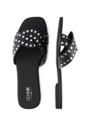 Women's black leather mules with rhinestones BUTYD-1226-99(W26), product view from above on a white background.