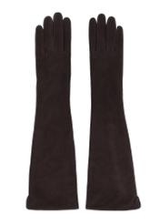 Long dark brown leather women's gloves REKDS-0088-1I(Z26), front product view on white background.