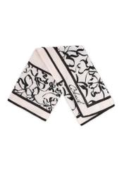 Beige women's scarf with black patterns SZADT-0172-1P(W26), view of the folded product on a white background.