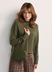 Small women's handbag khaki TOREC-0036 E-55(Z 25), front view of the product on the model, half of the silhouette visible.