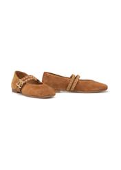 Women's suede ballet flats in camel color BUTYD-1243-1D(W26), diagonal product view on a white background.