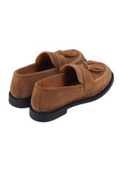 Women's suede moccasins in cognac color BUTYD-1331-1F(Z26), product view from the back on a white background.
