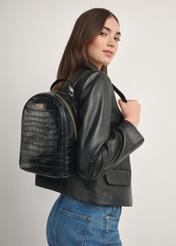 Black leather croco women's backpack TORES-1236-9G(W26), product view from the front on the model, half of the silhouette visible.