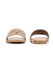 Women's suede flip-flops in cool beige color BUTYD-1255-1K(W26), front and back view of the product on a white background.