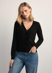 Black women's cardigan KARDT-0061-99(W26), front view of the product on the model. Half of the silhouette visible.