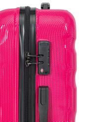 Small suitcase on wheels WALPC-0012-5E-19(W26), close-up of the product zipper on a white background.