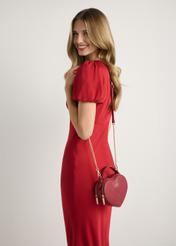 Red heart-shaped handbag TOREC-1154-4B(W26), front view of the product on a model, half of the silhouette visible.