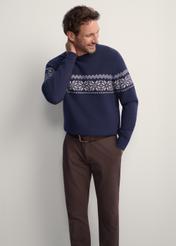 Navy blue men's sweater SWEMT-0177-68(Z25), front view of the product on the model. Half of the silhouette visible.