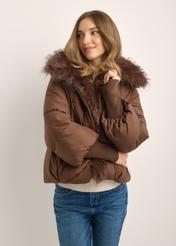Women's brown jacket with detachable fur KURDT-0704-1H(Z26), front view of the product on the model. Half of the silhouette visible.