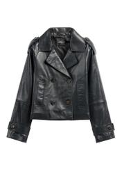 Black short oversize women's leather jacket KURDS-0540-99(W26), front product view on white background.