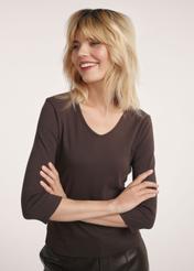 Brown women's V-neck blouse LSLDT-0036-1I(W26) - front view of the product on the model. Half of the silhouette visible.