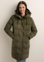 Women's khaki winter jacket KURDT-0700-8D(Z26), front view of the product on the model. Half of the silhouette visible.