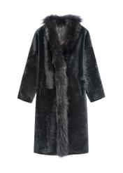 Black leather double-sided women's sheepskin coat KOZDS-0093-1396(Z25), product view from the front on a white background.
