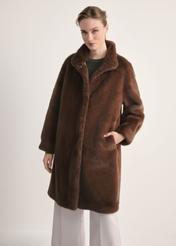 Elegant brown women's fur coat FUTDP-0050-89(Z25), front view of the product on the model, half of the silhouette visible.-02