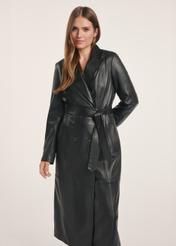 Black women's leather coat KURDS-0546-5344(Z25), product visible from the front on the model, visible half of the silhouette.