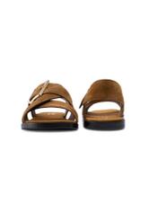 Women's cognac suede sandals BUTYD-1238-1F(W26) - front and back product view, on a white background.
