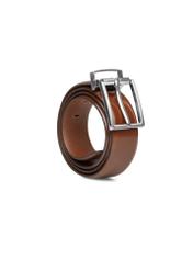 Men's leather belt in cognac color PASMS-0263-1F(W26), diagonal product view on white background.