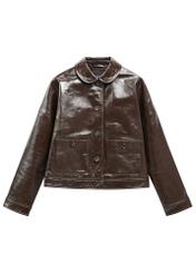 Brown women's leather short jacket KURDS-0593-1I(W26) - front product view, on white background.