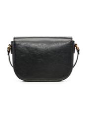 Small black women's messenger bag with a decorative clasp TOREC-1243-9F(Z26) - product view from the back, on a white background.