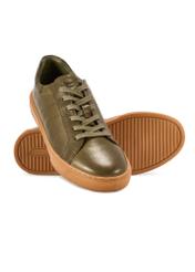 Men's khaki leather sneakers BUTYM-0486-8D(W26), diagonal product view on a white background.