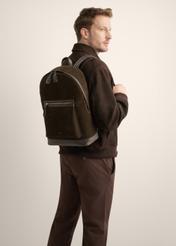 Men's dark brown suede backpack TORMS-0539-1I(Z26), front product view on the model's silhouette.